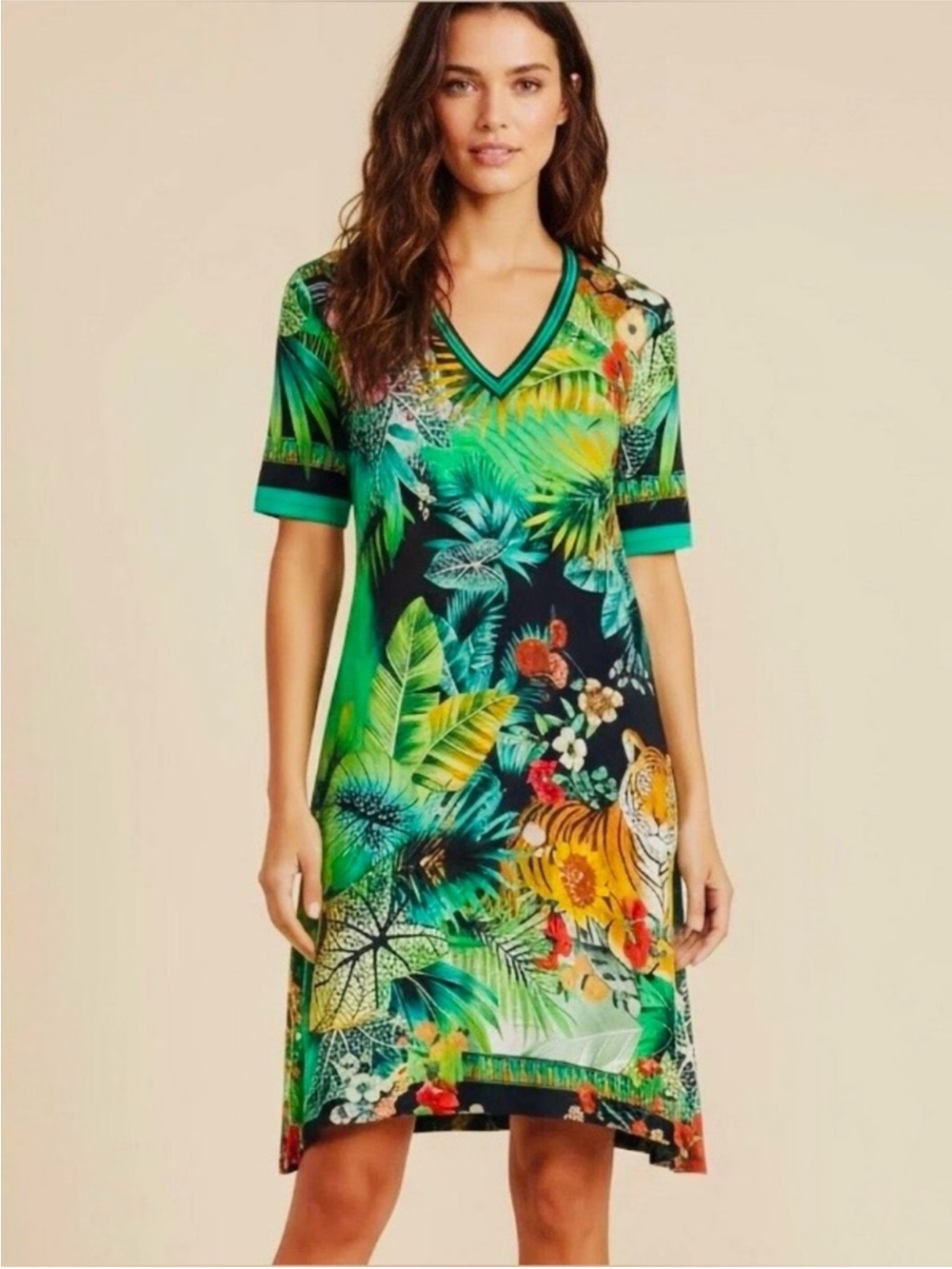 🌴Johnny Was Green Tropical Floral V-Neck Bamboo Dress with Tropical  Accents